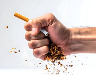 Realistic Human Hand Crushing Cigarette on White Background – Anti Smoking Concept