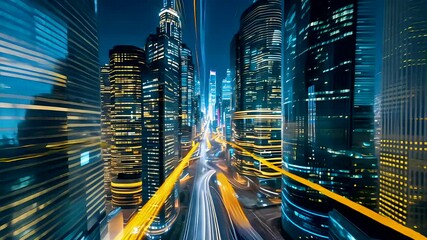 High Speed Light Trails in Futuristic Cityscape Night Time-Lapse - Powered by Adobe