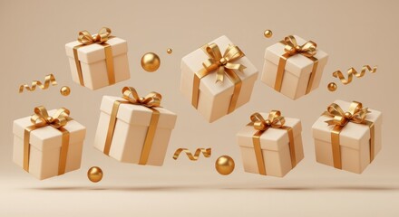 Elegant 3D Render of Gift Boxes with Golden Ribbons on a Pastel Background
