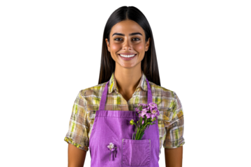 Cheerful Hispanic woman in apron holding flowers, cut out transparent