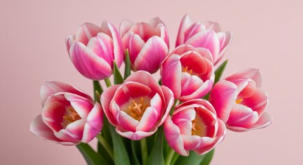 Naklejka premium Elegant Bunch of Fresh Pink Tulips Blossoming on Pale Pink Background