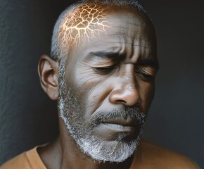 migraine pain visualization showing neural electric Stroke symptoms, activity in older man's head with closed eyes and furrowed brow in contemplative suffering against dark background.