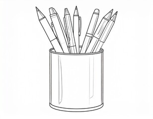 A simple line drawing of pens in a round holder. The image depicts various writing instruments within a cylindrical container