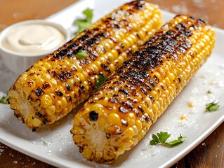 Photo of charred grilled corn on the cob with cream and salt, served on a simple white plate