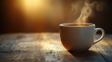 Obraz premium Warm cup of steaming coffee on wooden table