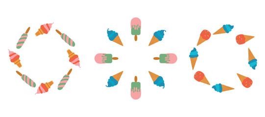 Colorful Ice Cream frame set. Vector illustration of various ice cream designs. Includes cones, popsicles, and twisty ice cream in bright, cheerful colors.