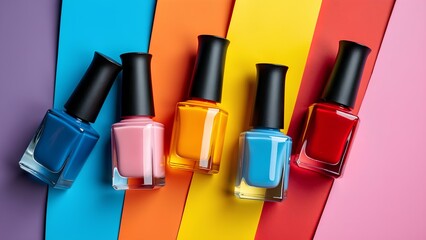 Five nail polish bottles are positioned on colorful striped backgrounds featuring shades of purple, orange, yellow, blue, and red.