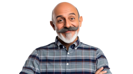 Smiling bald man with mustache wearing plaid shirt, cut out transparent