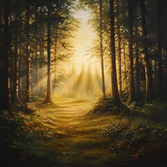 Fototapeta premium Golden Dawn in Peaceful Forest Clearing
