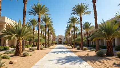 A luxurious desert resort entrance lined with perfectly planted palm trees.