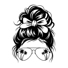 Woman Hair Bun with Sunglasses Palm Tree Reflection Illustration