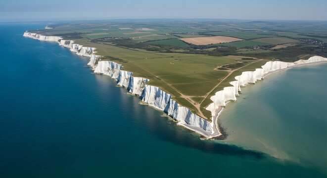 Stunning Aerial View of the Majestic White Cliffs of Dover, England: A Breathtaking Coastal Landscape