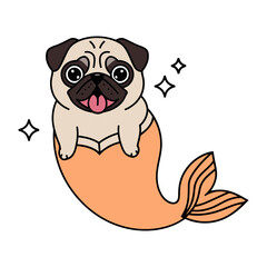 Cute Pug Mermaid Cartoon Illustration with Sparkles