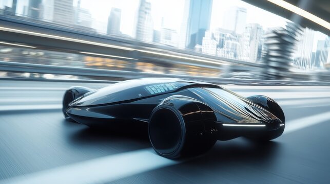 A self-driving car speeding on a highway, featuring an advanced digital dashboard with augmented reality displays and real-time navigation data. The futuristic interior highlights. - Powered by Adobe