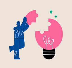 Man building brilliant idea light bulb puzzles. Colorful vector illustration