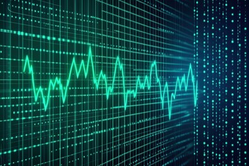 Fluctuating teal line graph on a grid of glowing teal lines and dots  A dynamic, technical illustration