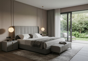Fototapeta premium Luxurious bedroom with a king-sized bed, overlooking a beautiful garden in a modern home.
