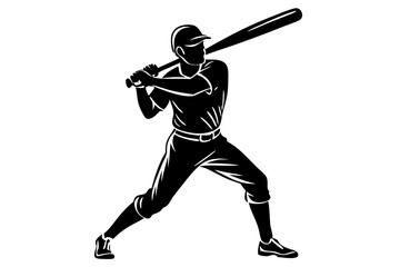 Obraz premium Baseball player mid swing silhouette vector on white background with transparency, baseball, player, silhouette, vector, sport, game, athlete, bat, batting, swing, action, competition, cutout, graphic