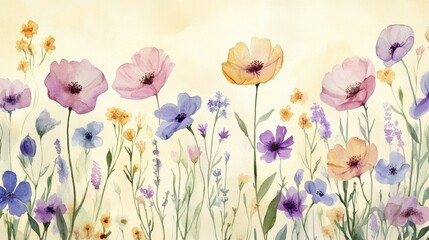 Obraz premium Beautiful seamless floral water color pattern Set, watercolor wild flowers, leaves and grass,Collection botanic garden elements. Vector isolated illustration in rustic or vintage style,copy space.