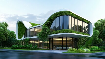Fototapeta premium Modern eco-friendly building with green facade and sleek design surrounded by nature.