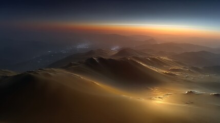 Sunlit mountainous desert landscape at sunset with dunes and distant city lights