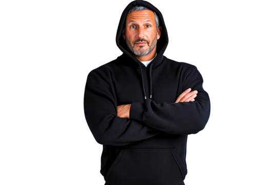 Man in hooded sweatshirt with arms crossed looks to camera, cut out transparent