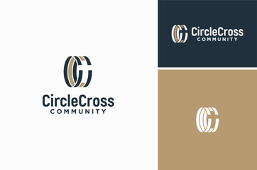 Three circular ribbons or rings as letter C with Christian Cross for Church Community logo design