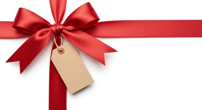 Elegant scarlet ribbon bow with blank tag perfect for festive occasions