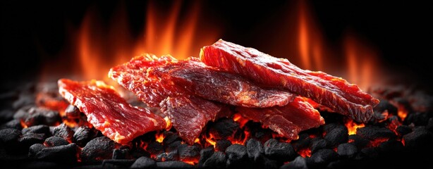 Grilled Meat Slices on Hot Charcoal with Flames in Background