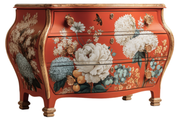 Elegant vintage french bombe chest with hand painted coral orange background, white floral design featuring peonies and ornate gold trim on curved antique dresser, transparent. 