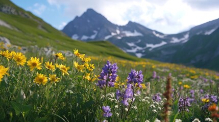 Obraz premium Vibrant wildflower meadow against majestic mountain range