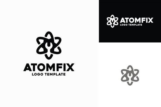 An atom with wrench or spanner tool in the middle for fix maintenance service handyman logo design