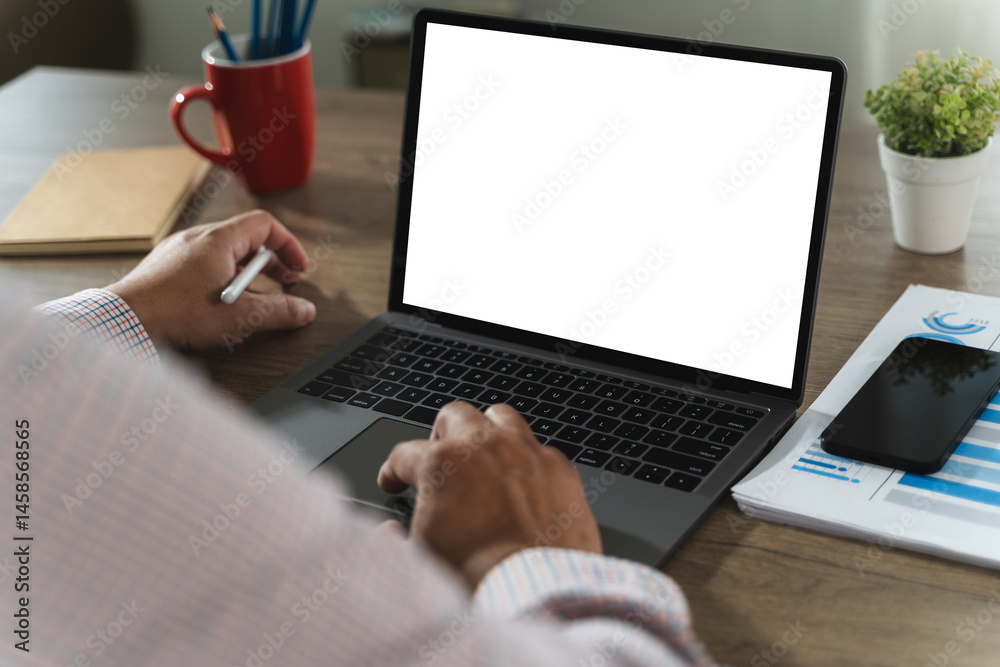 Poster mock up using laptop with blank screen computer modern