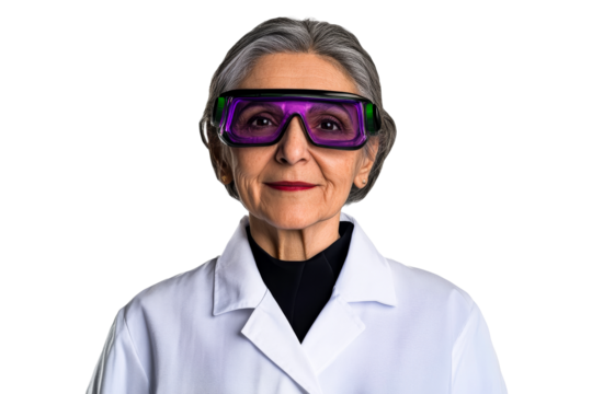 Mature woman wearing futuristic glasses, lab coat, cut out transparent - Powered by Adobe