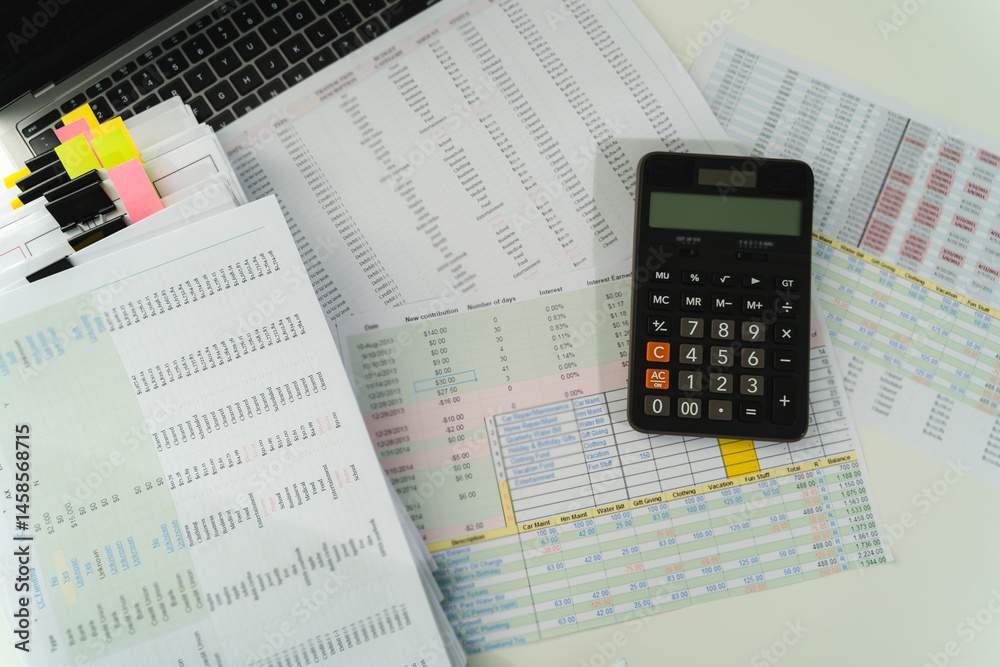 Poster man accountant working on desk using calculator calculate while working analytic accounting