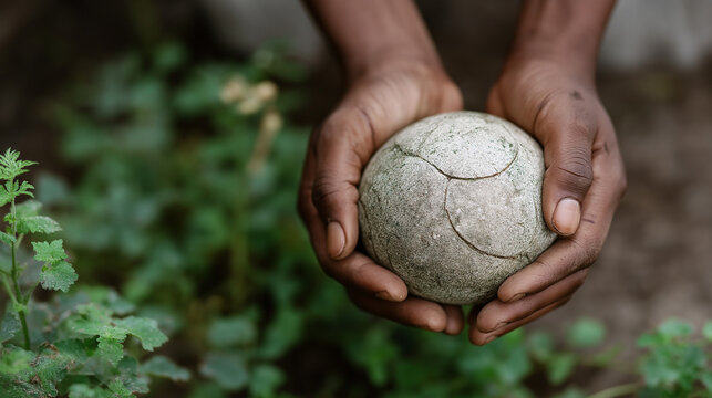 Close-up of hands gripping a worn ball with green background - Powered by Adobe