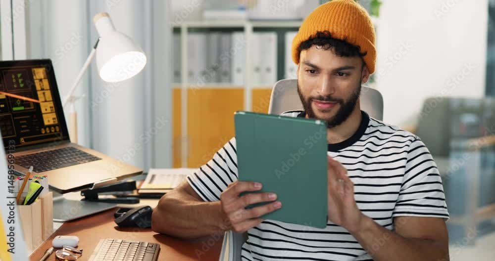 Aufkleber Man, trader and tablet by computer at office with scroll, review and fintech application for stock market at startup. Person, touchscreen and click for results, happy and crypto investing at company