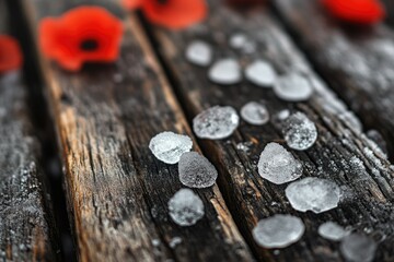 Frozen ice on weathered wood with scattered red poppies, a poignant scene.