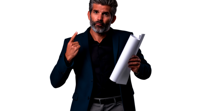 Gray haired man with blueprints questioning, cut out transparent