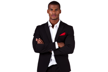 African American Man in Suit, Arms Crossed, Red Pocket Square, cut out transparent