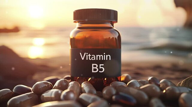 Vitamin B5 in bottle with pile out with sunny light represent medicine supplement 