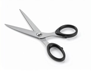 A close-up shot of open scissors. Metallic blades connected by a screw, black handles. A common tool