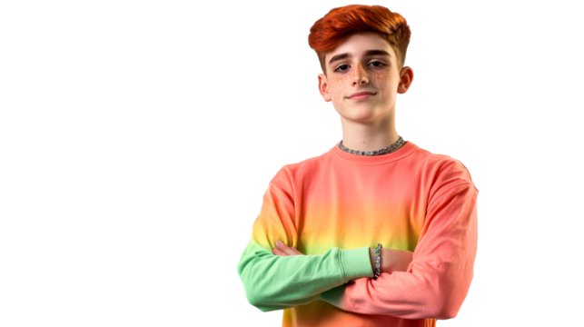 Teen with red hair, rainbow shirt, arms crossed, looking at camera, cut out transparent