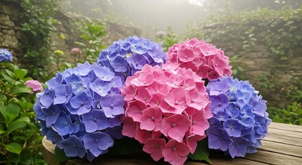 Misty Morning Hydrangeas: A Symphony of Pink and Purple Blooms