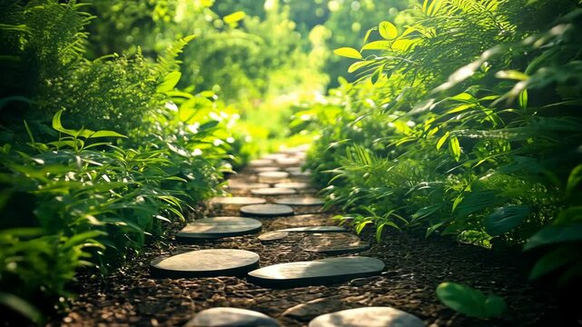 Sunlit stone path winds through lush green foliage, creating a tranquil, natural scene