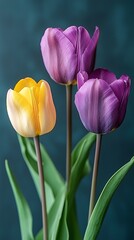 Fototapeta premium Three tulips, purple and yellow, on teal background