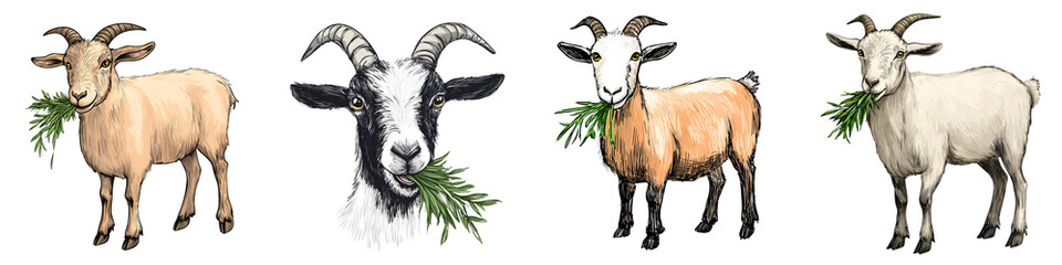 Obraz premium Group of goats grazing in a rural field