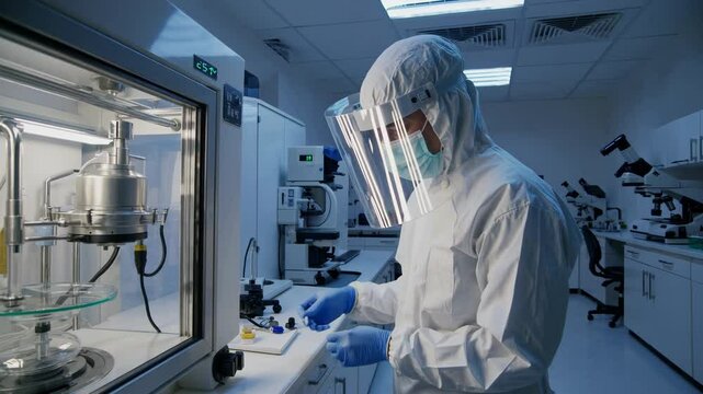 Biomedical scientist in full PPE working inside a sterile cleanroom, handling laboratory samples under a fume hood, representing high-tech research, safety protocols, and advanced medical science envi - Powered by Adobe