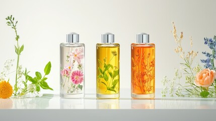 Fototapeta premium Elegant display of three herbal oil bottles with reflections, bright white studio background