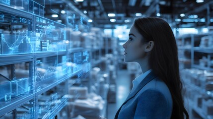 Digital displays and shelves in a modern warehouse environment.